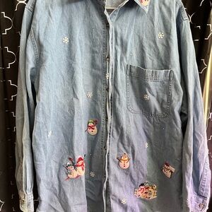 Vintage Denim Shirt with Snowman Embroidery